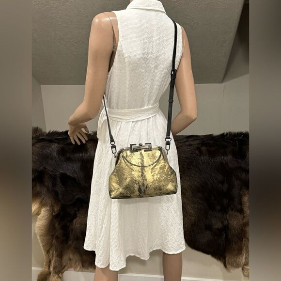 Handmade Gold Metallic Natural Hair-On Calfskin Top Handle Bag/Multi Way Use - Picture 9 of 16